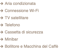 1 Aria condizionata 1 Connessione Wi-Fi 1 TV satellitare 1 Telefono 1 Cassetta di sicurezza 1 Minibar 1 Bollitore e Macchina del Caffè